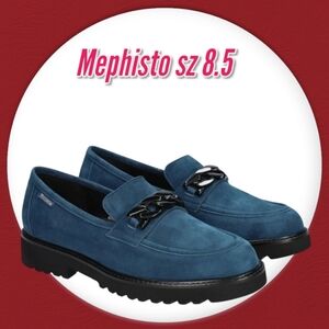 Mephisto Blue Velvet Leather Loafers Lug Outsole New sz 8.5